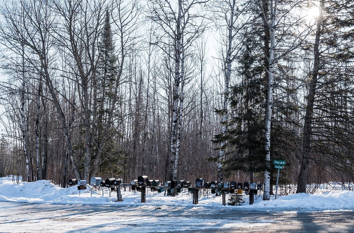 Row of rural mailboxes on wooden posts beside a snowy forest road in Minnesota